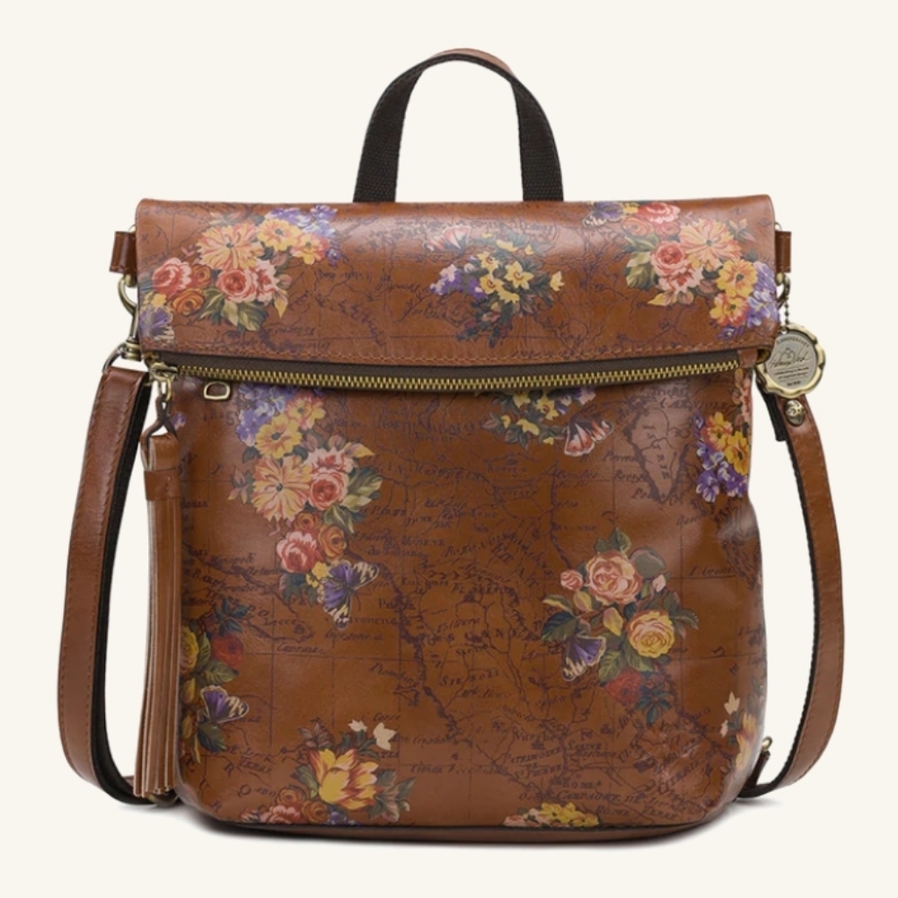 Patricia Nash Floral Map Print Brown Leather Convertible Backpack